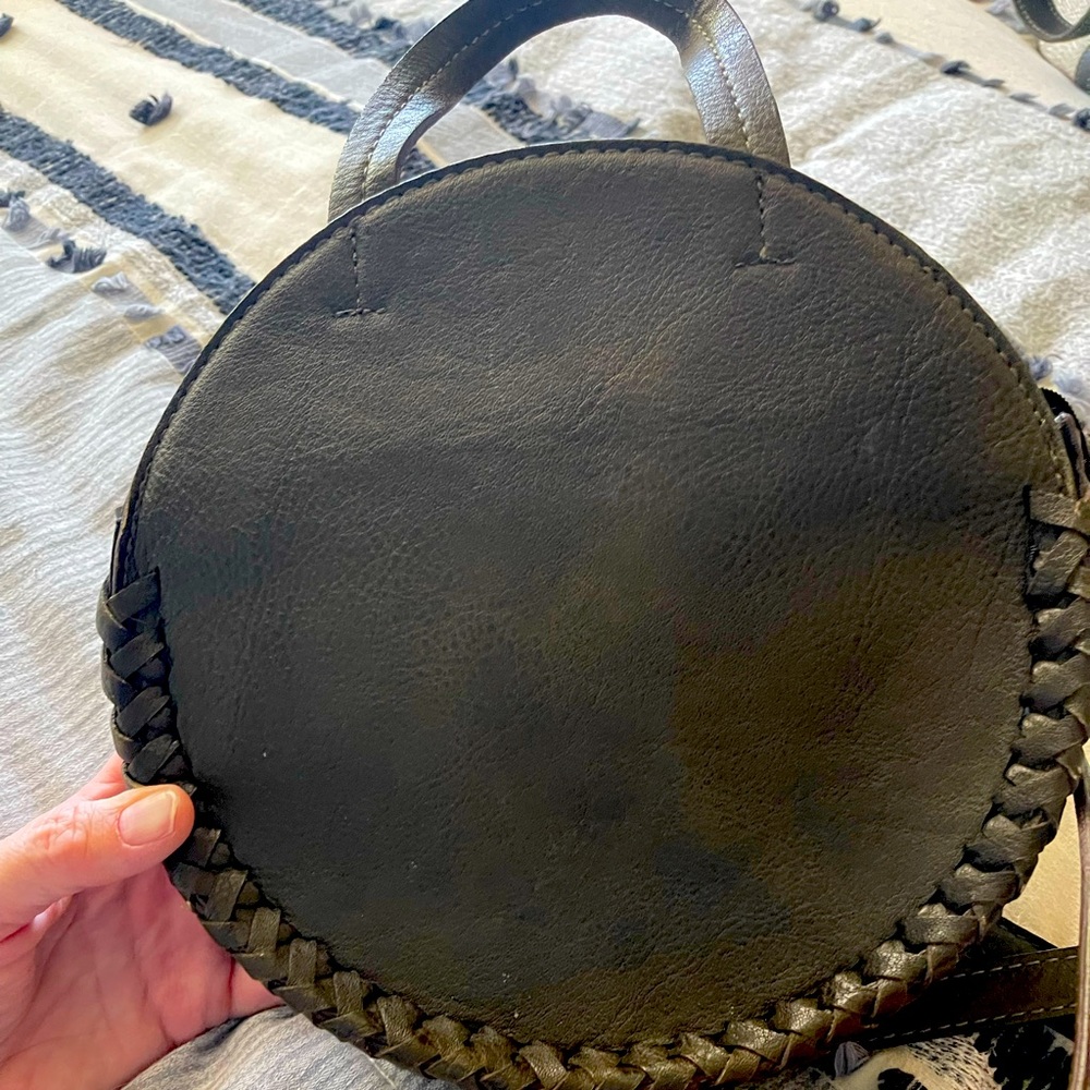 Free People Black/Brown Round Woven-Trim Vegan Leather Round  Bag